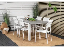Albany Tuinmeubelset Tafel 90X152/210Cm En 6 Stoel Santorini Wit, Grijs, Cremekleur.
