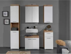 Amandamandobea Badkamerkast 1 Lade, 2 Deuren Eiken Decor, Wit Hoogglans.