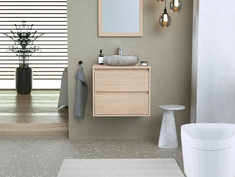 Badkamermeubel Met Opzetwastafel Van Steen - Eikenfineer - 60 Cm - Milipam
