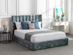 Bed 140 X 190 Cm Met Hoofdbord Met Verticale Stiksels - Velours - Groenblauw - Feroya