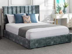 Bed 160 X 200 Cm Met Hoofdbord Met Verticale Stiksels - Velours - Groenblauw - Feroya