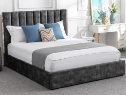 Bed 160 X 200 Cm Met Hoofdbord Met Verticale Stiksels - Velours - Antraciet - Feroya