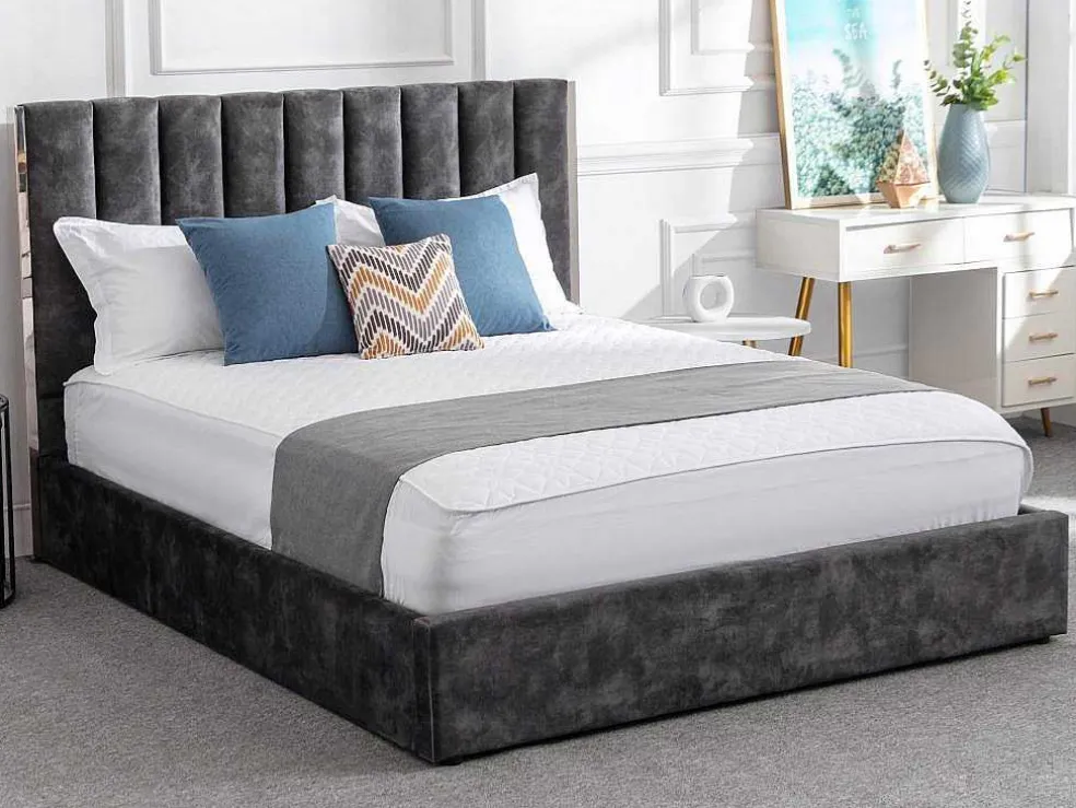 Bed 160 X 200 Cm Met Hoofdbord Met Verticale Stiksels - Velours - Antraciet - Feroya