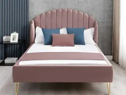 Bed 140 X 190 Cm Met Hoofdbord Met Golfpatroon - Velours - Oudroze + Matras - Sagali