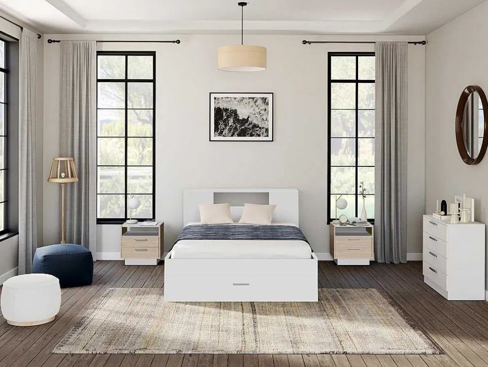 Bed Leandre Met Hoofdeinde, Opbergruimte En Lades - 160 X 200 Cm - Kleur: Wit