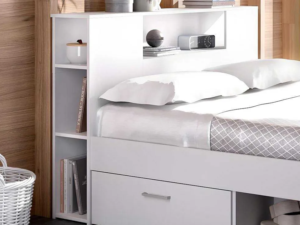 Bed Leandre Met Hoofdeinde, Opbergruimte En Lades - 160 X 200 Cm - Kleur: Wit