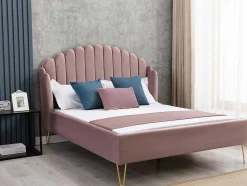 Bed Met Glooiend Hoofdeinde - 140 X 190 Cm - Fluweel - Oud Roze - Sagali