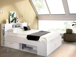 Bed Met Hoofdeinde Met Opbergruimte En Lades - 140 X 190 Cm - Kleur: Wit + Bedbodem + Matras - Leandre