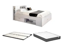 Bed Met Hoofdeinde Met Opbergruimte En Lades - 140 X 190 Cm - Kleur: Wit + Bedbodem + Matras - Leandre