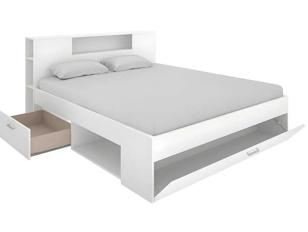Bed Met Hoofdeinde Met Opbergruimte En Lades - 140 X 190 Cm - Kleur: Wit + Bedbodem + Matras - Leandre