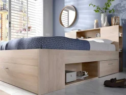 Bed Met Hoofdeinde, Opbergruimte En Lades - 160 X 200 Cm - Eikenkleur - Leandre