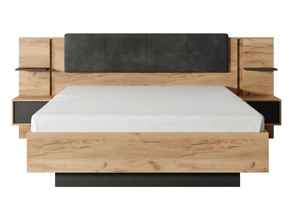 Bed Met Nachtkastjes 160 X 200 Cm - Met Ledverlichting - Kleur: Naturel En Antraciet - Elynia