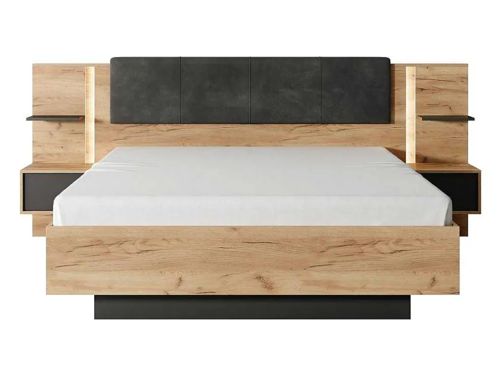 Bed Met Nachtkastjes 160 X 200 Cm - Met Ledverlichting - Kleur: Naturel En Antraciet - Elynia