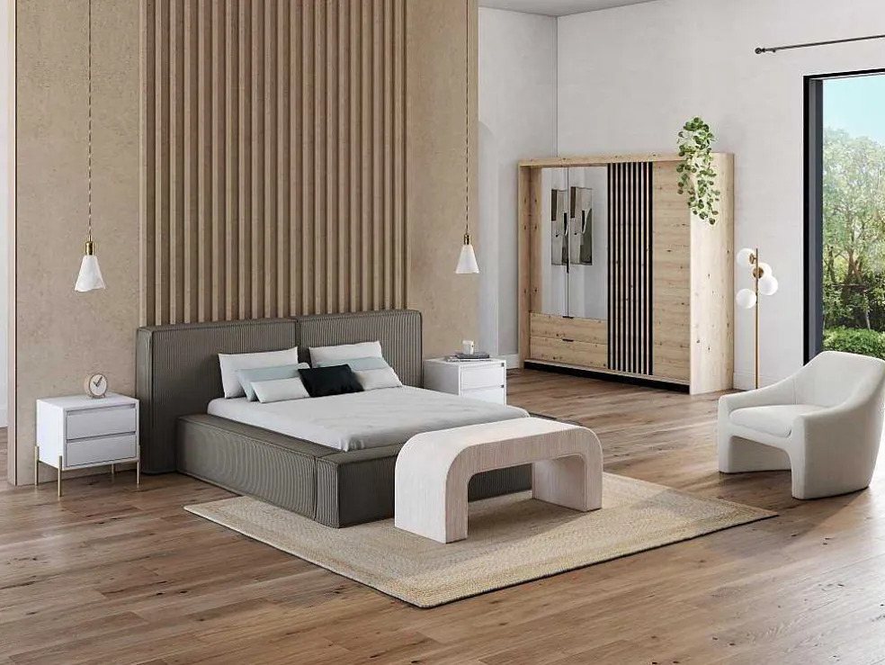 Bed Met Opbergruimte 180 X 200 Cm - Ribfluweel - Taupe + Matras - Timano