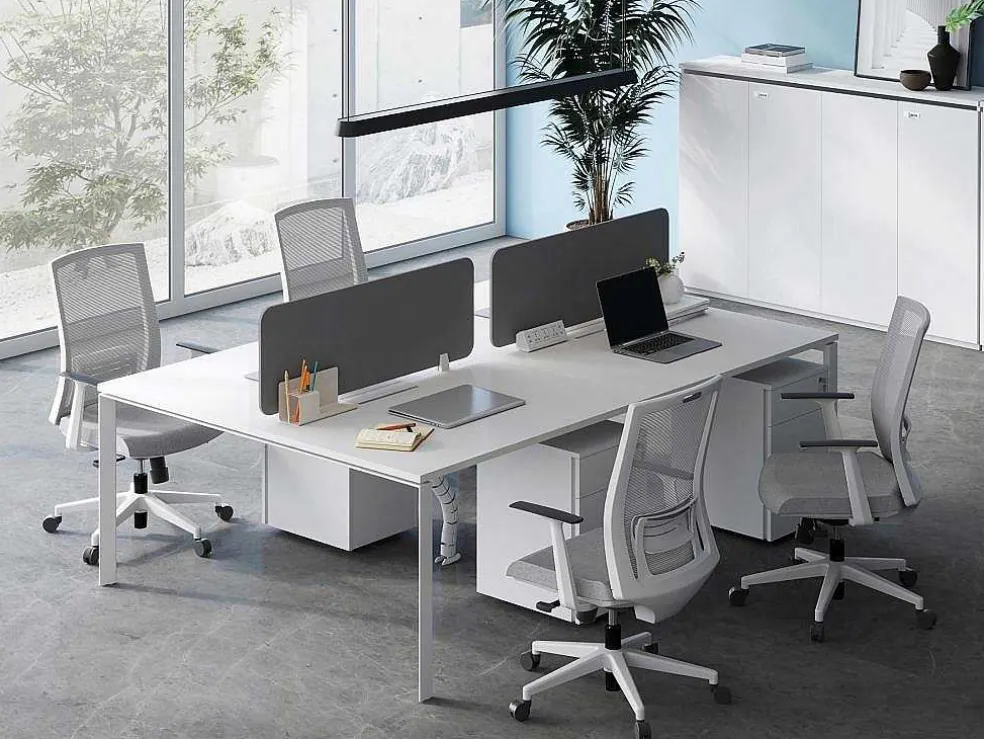 Benchbureau Voor 4 Personen - Wit - L140 Cm - Met Afscheidingen - Downtown