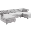 Brede Hoekbank Van Lichtgrijs Velours Chesterfield
