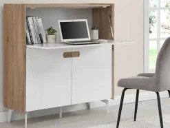 Bureaukast Met 3 Deuren - Mdf En Metaal - Naturel En Wit - Derelis