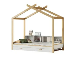 Cabinebed 90X200Cm Met Uitschuifbaar Onderschuifbed 90X190Cm - 4 Planken Op Bed - Structuur Massief Grenen - Wit