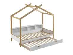 Cabinebed 90X200Cm Met Uitschuifbaar Onderschuifbed 90X190Cm - 4 Planken Op Bed - Structuur Massief Grenen - Wit