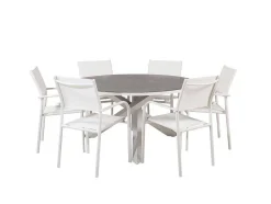 Copacabana Tuinmeubelset Tafel O140Cm En 6 Stoel Santorini Wit, Grijs, Cremekleur.