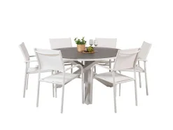 Copacabana Tuinmeubelset Tafel O140Cm En 6 Stoel Santorini Wit, Grijs, Cremekleur.