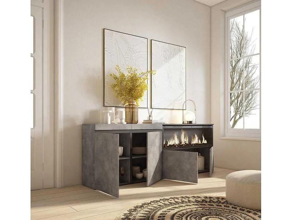 Dressoir, Opbergkast, 210, 4 Deuren, Elektrische Haard Xxl, Cement