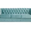 Drie- En Tweezitsbank Van Pastelblauw Velours Chesterfield
