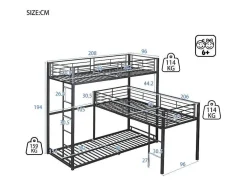 Driedubbele Stapelbedden 90 X 200 Cm - Hoge Reling En Ladder - Metaal - Zwart