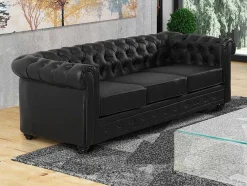 Driezitsbank Chesterfield Van Kunstleer - Zwart