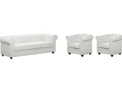 Driezitsbank En 2 Fauteuils Chesterfield Van Kunstleer - Wit