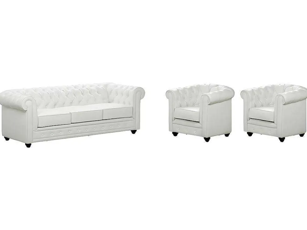 Driezitsbank En 2 Fauteuils Chesterfield Van Kunstleer - Wit