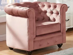 Driezitsbank En 2 Fauteuils Chesterfield - Fluweel - Pastel Roze