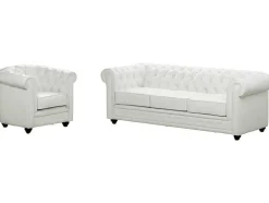 Driezitsbank En Fauteuil Chesterfield Van Kunstleer - Wit