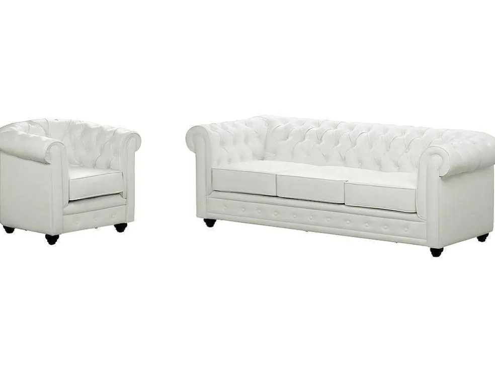 Driezitsbank En Fauteuil Chesterfield Van Kunstleer - Wit