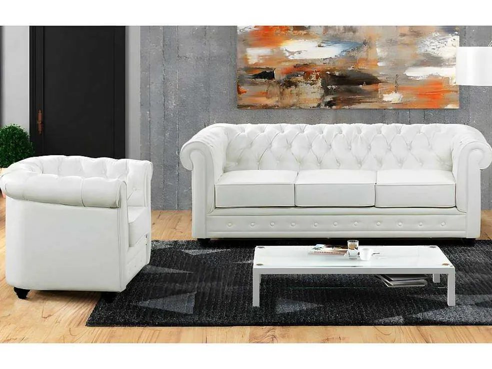 Driezitsbank En Fauteuil Chesterfield Van Kunstleer - Wit