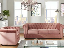 Driezitsbank En Fauteuil Chesterfield - Fluweel - Pastel Roze