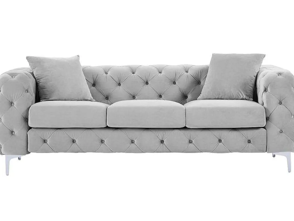 Driezits-Chesterfield-Bank Van Lichtgrijs Velours Edwina