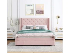 Gestoffeerd Bed 140X200Cm - Linnen Stof - Met Een Lade - Roze