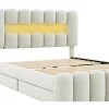 Gestoffeerd Bed 140X200Cm Met 4 Lades - Met Led + Usb Oplaadpoort + Lezer - Beige
