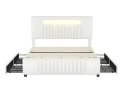 Gestoffeerd Bed 140X200Cm Met 4 Lades - Met Led + Usb Oplaadpoort + Lezer - Beige