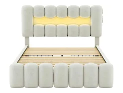Gestoffeerd Bed 140X200Cm Met 4 Lades - Met Led + Usb Oplaadpoort + Lezer - Beige