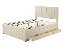 Gestoffeerd Linnen Bed 140X200Cm - Met Onderschuifbed Op Wielen En 3 Lades - Beige