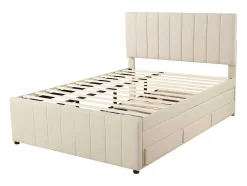 Gestoffeerd Linnen Bed 140X200Cm - Met Onderschuifbed Op Wielen En 3 Lades - Beige