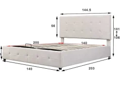 Gestoffeerd Opbergbed - 140X200Cm - Fluwelen Stof - Verstelbaar Blokpatroon Hoofdeinde - Creme