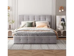 Gestoffeerd Opbergbed - 140X200Cm - Fluwelen Stof - Verstelbaar Hoofdeinde Met Blokpatroon - Grijs