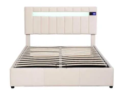 Gestoffeerd Opbergbed 140X200Cm - Stof Fluweel - Met Led En Bluetooth Speler - Beige