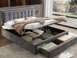 Gewatteerd Opbergbed 160X200Cm In Fluweel Met Lade + Lattenbodem - Grijs (Zonder Matras)