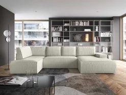Grote Omkeerbare Hoekbank Van Beige Ribfluweel Amelia