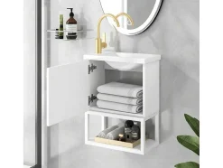 Hangend Badkamermeubel Met Ingebouwde Wastafel - 1 Deur En 1 Open Metalen Plank - Wit (Kraan Niet Inbegrepen)
