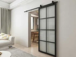 Hangende Schuifdeur H205 X L83 Cm Van Aluminium En Transparant Gehard Glas Wilden